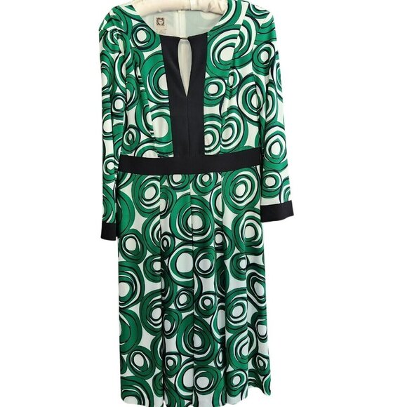 Anne Klein Green Black Circle Abstract Print Midi Keyhole Dress 3/4 Sleeve Sz 6 - Picture 1 of 14